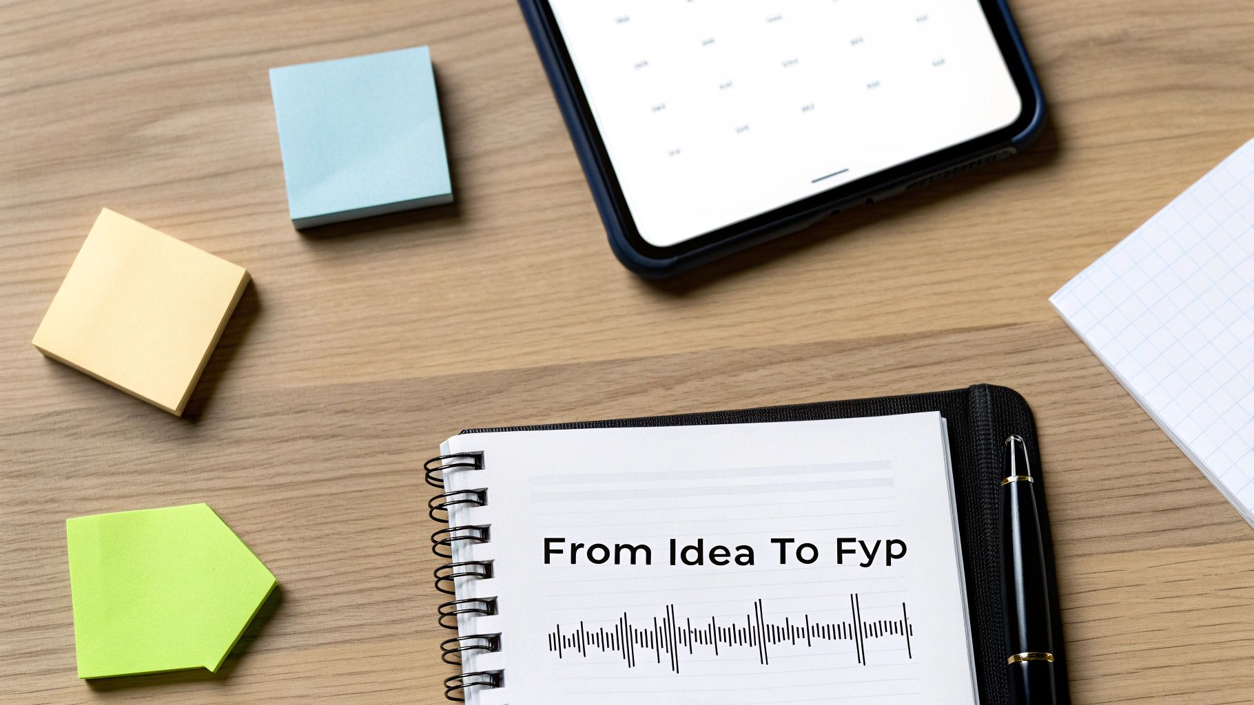 Creative workspace flat lay featuring a notebook with 'From Idea To Fyp', smartphone, pen, and colorful sticky notes.
