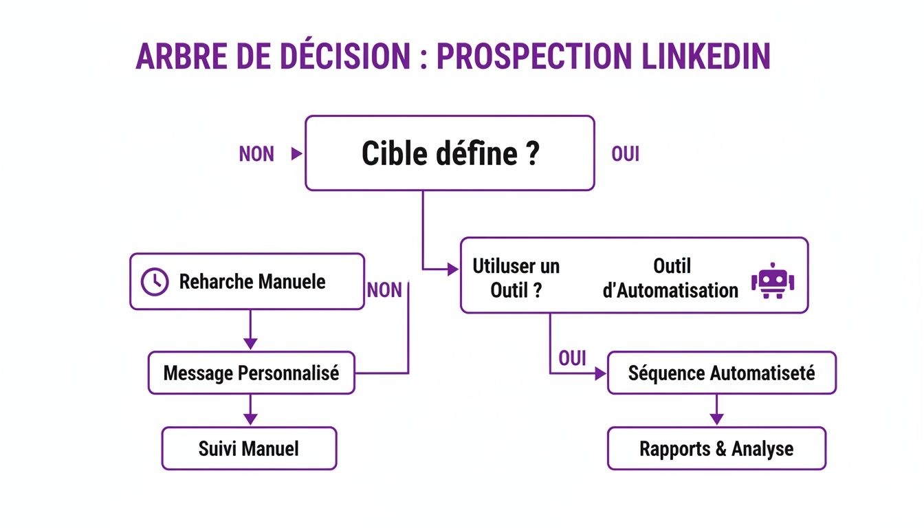 Arbre de décision pour la prospection sur LinkedIn, détaillant les étapes manuelles et automatisées de recherche et de communication.