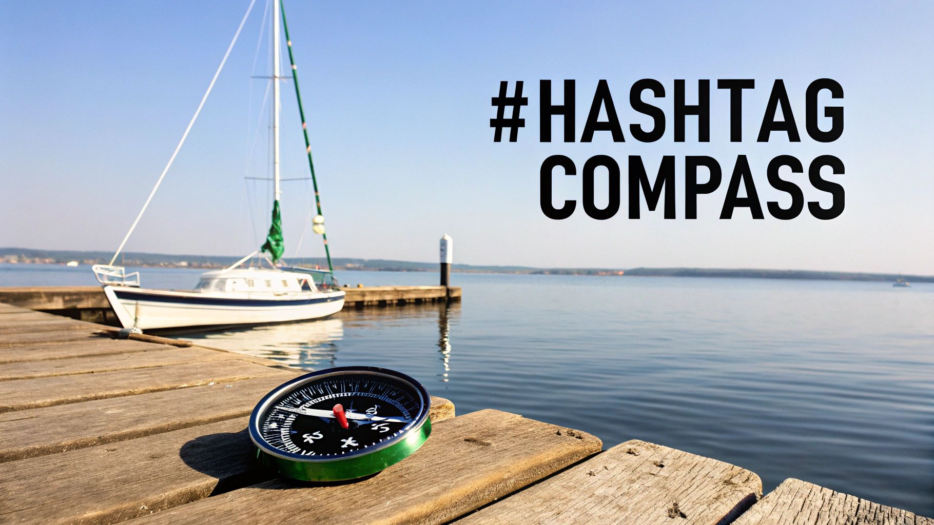 A compass with a red needle rests on a wooden pier, with a white sailboat docked nearby on a calm lake.