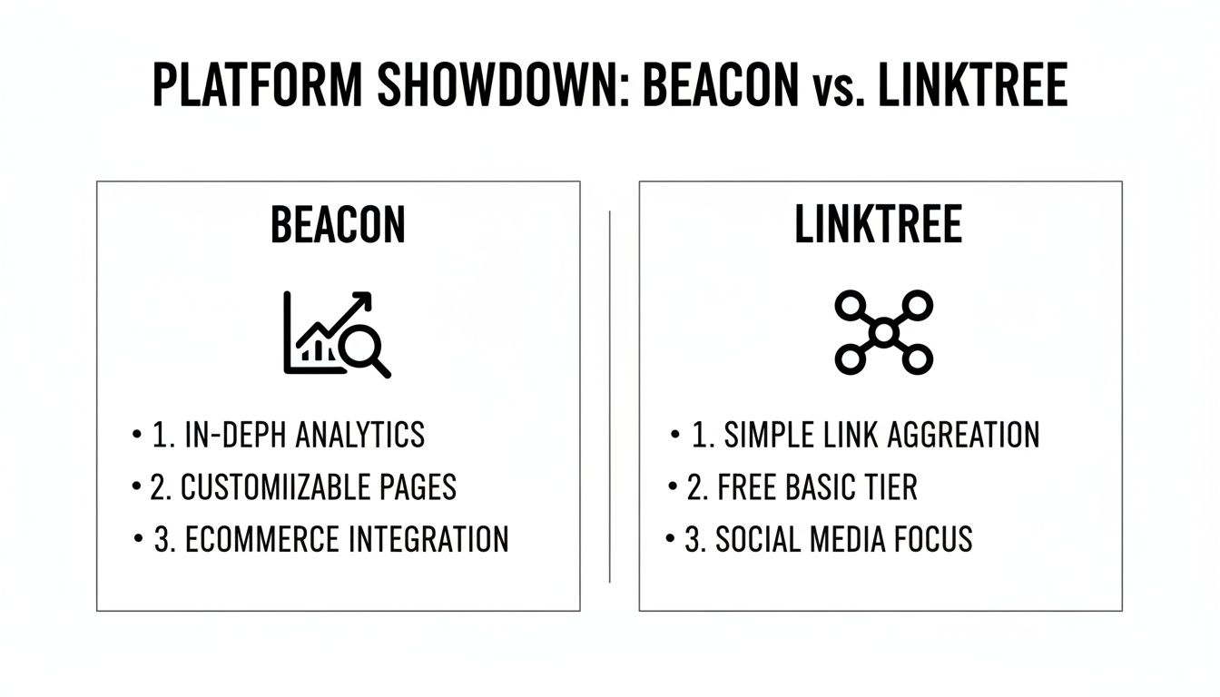 Infographic comparing Beacon's analytics and e-commerce features with Linktree's link aggregation and free tier.