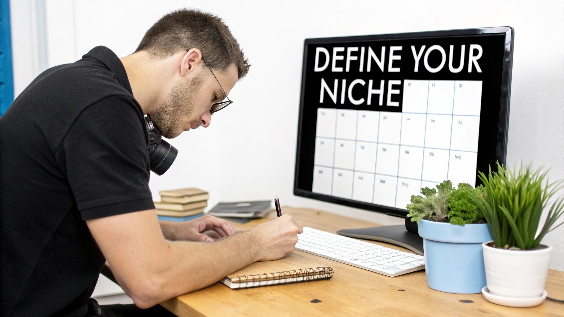 A man with glasses writes in a notebook at a desk with a computer screen showing 'DEFINE YOUR NICHE'.
