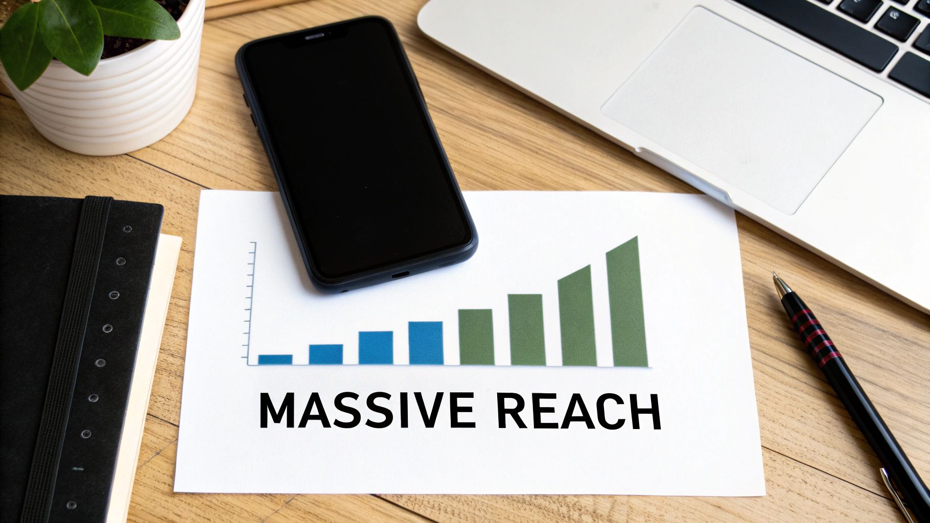 A paper with a 'MASSIVE REACH' bar graph, a smartphone, and a laptop on a wooden desk.