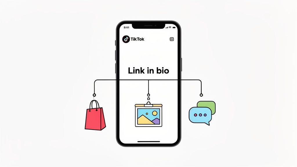 A smartphone shows TikTok's 'Link in bio', connecting to shopping, content, and chat icons.