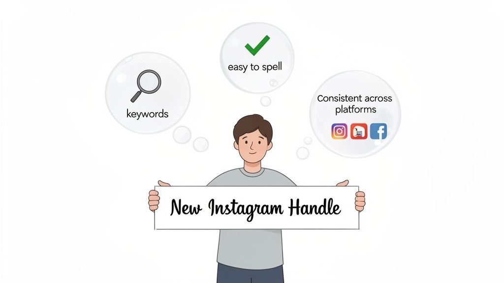A person holding a 'New Instagram Handle' sign, with thought bubbles showing keywords, easy spelling, and cross-platform consistency.