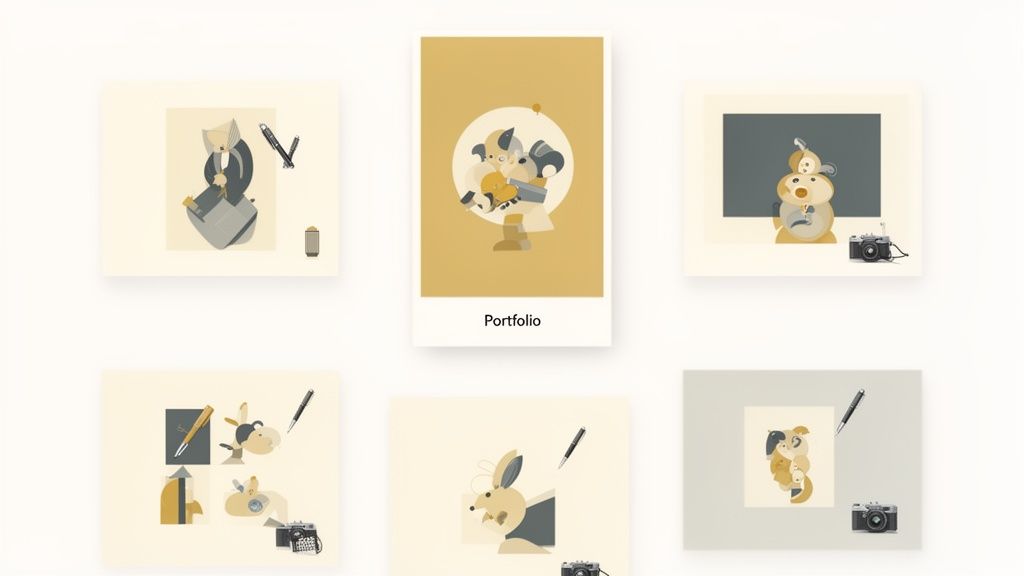 A grid of six minimalist illustrations with abstract characters, pens, and cameras, centered on a 'Portfolio' image.