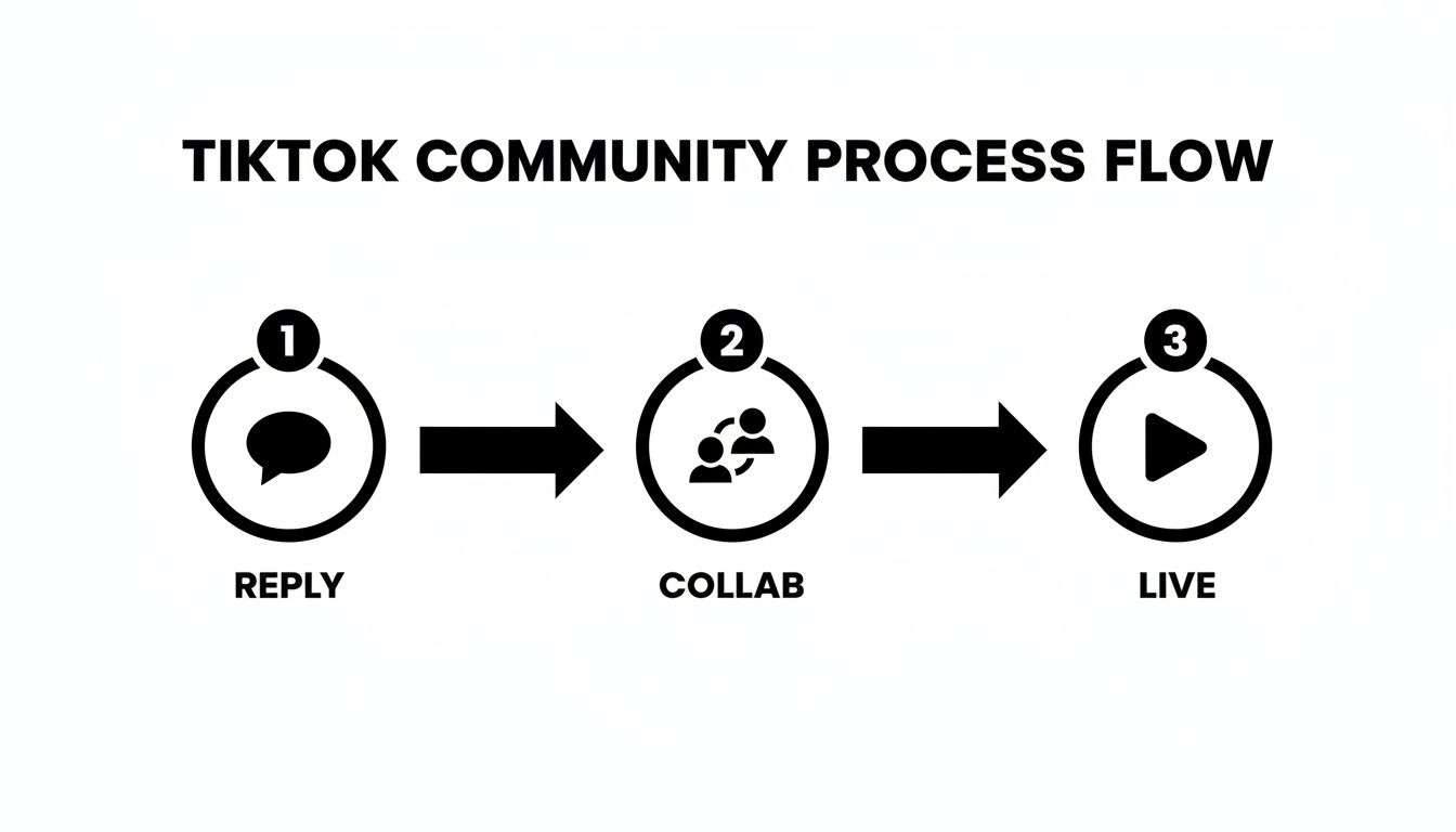 A flow chart illustrating the TikTok community process, moving from reply to collab, then to live.