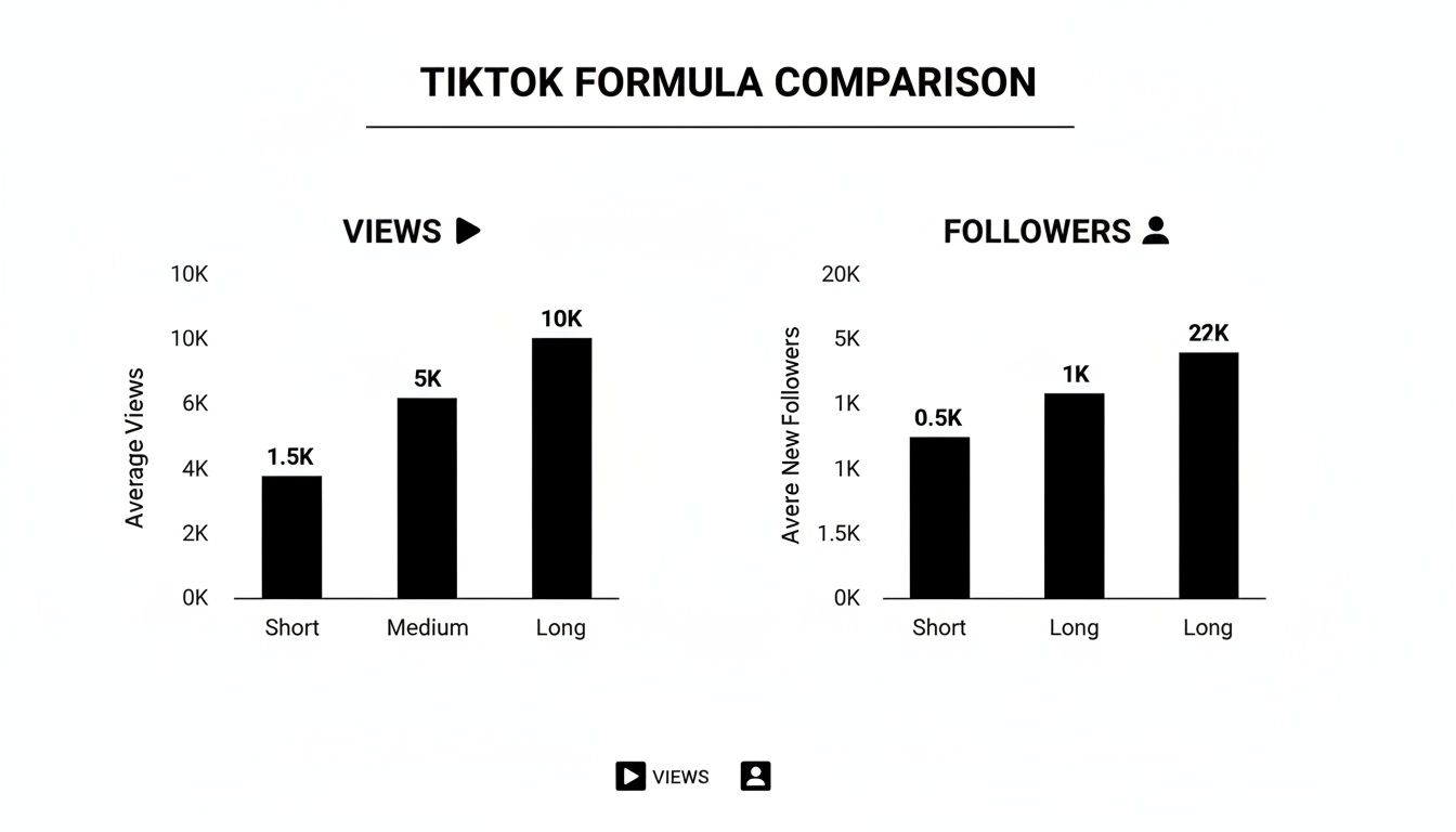 Bar charts showing average TikTok views and followers across short, medium, and long video lengths.