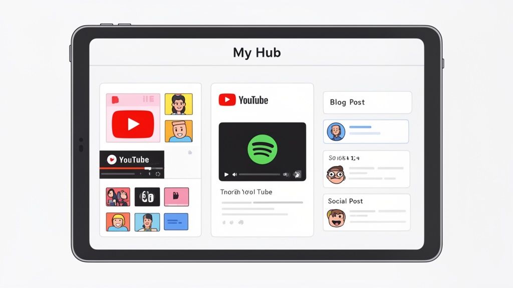 A tablet displaying a 'My Hub' content aggregator interface with YouTube, Spotify, blog, and social posts.