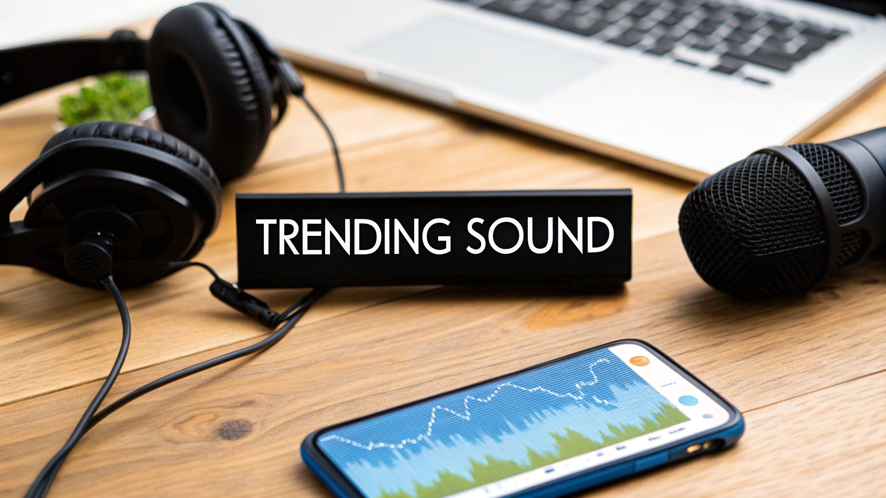 Headphones, microphone, laptop, and a smartphone displaying a graph, with a 'Trending Sound' sign.