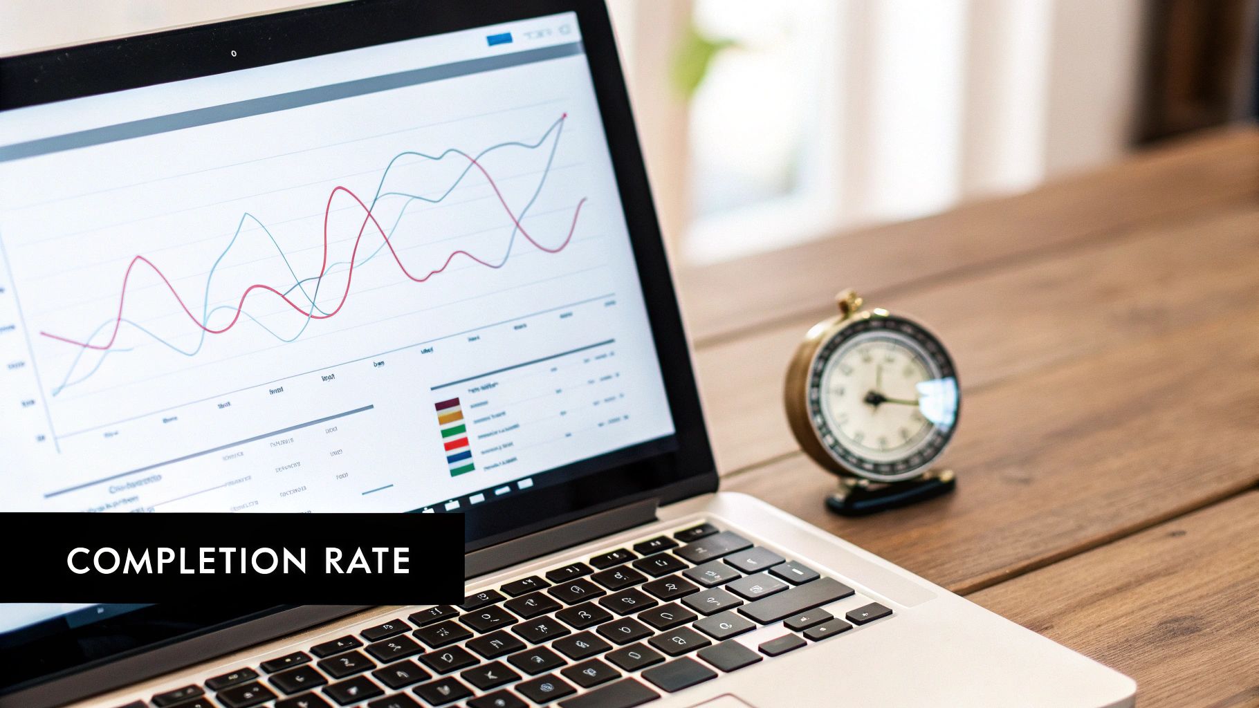 Laptop displaying a business graph and data table, next to an antique clock on a wooden desk.