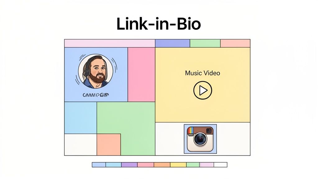 A 'Link-in-Bio' page layout displaying different content blocks: a profile, music video, and Instagram logo.