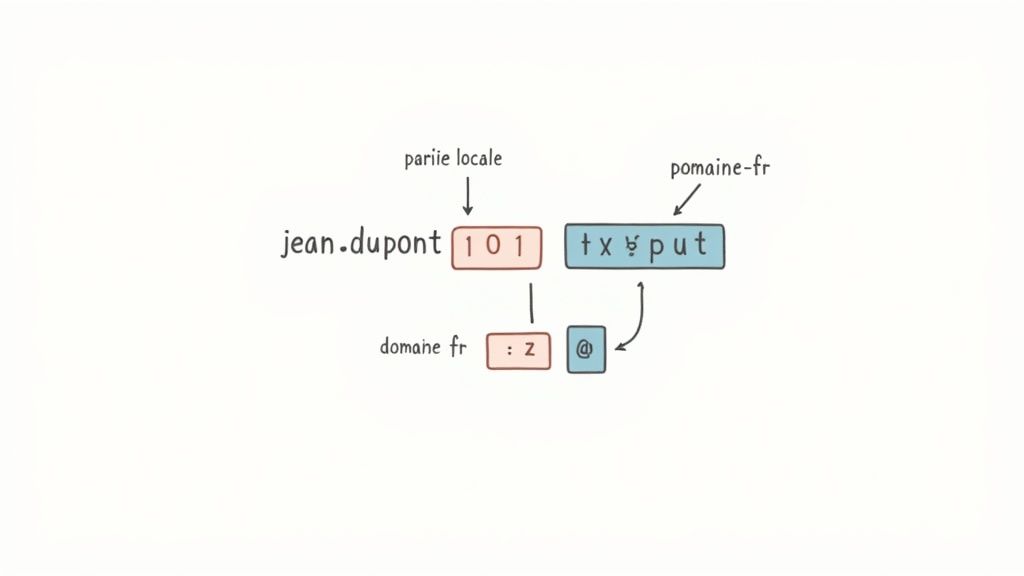 Schéma illustrant la structure d'une adresse électronique avec partie locale, arobase et nom de domaine français
