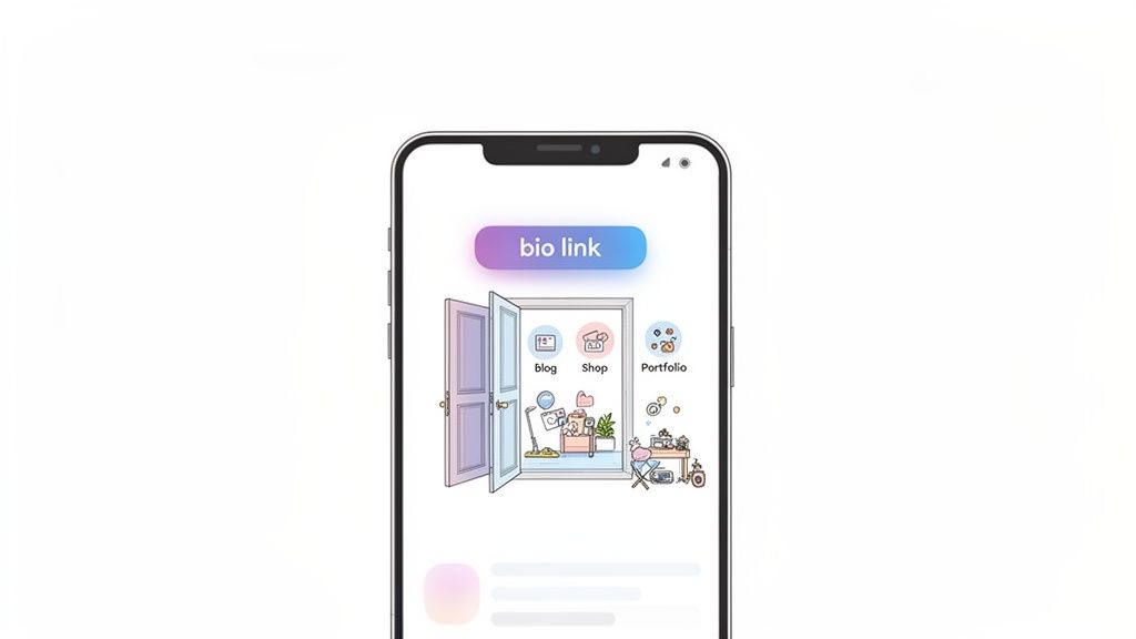A smartphone displays a mobile app interface featuring a 'bio link' button and an open door graphic.