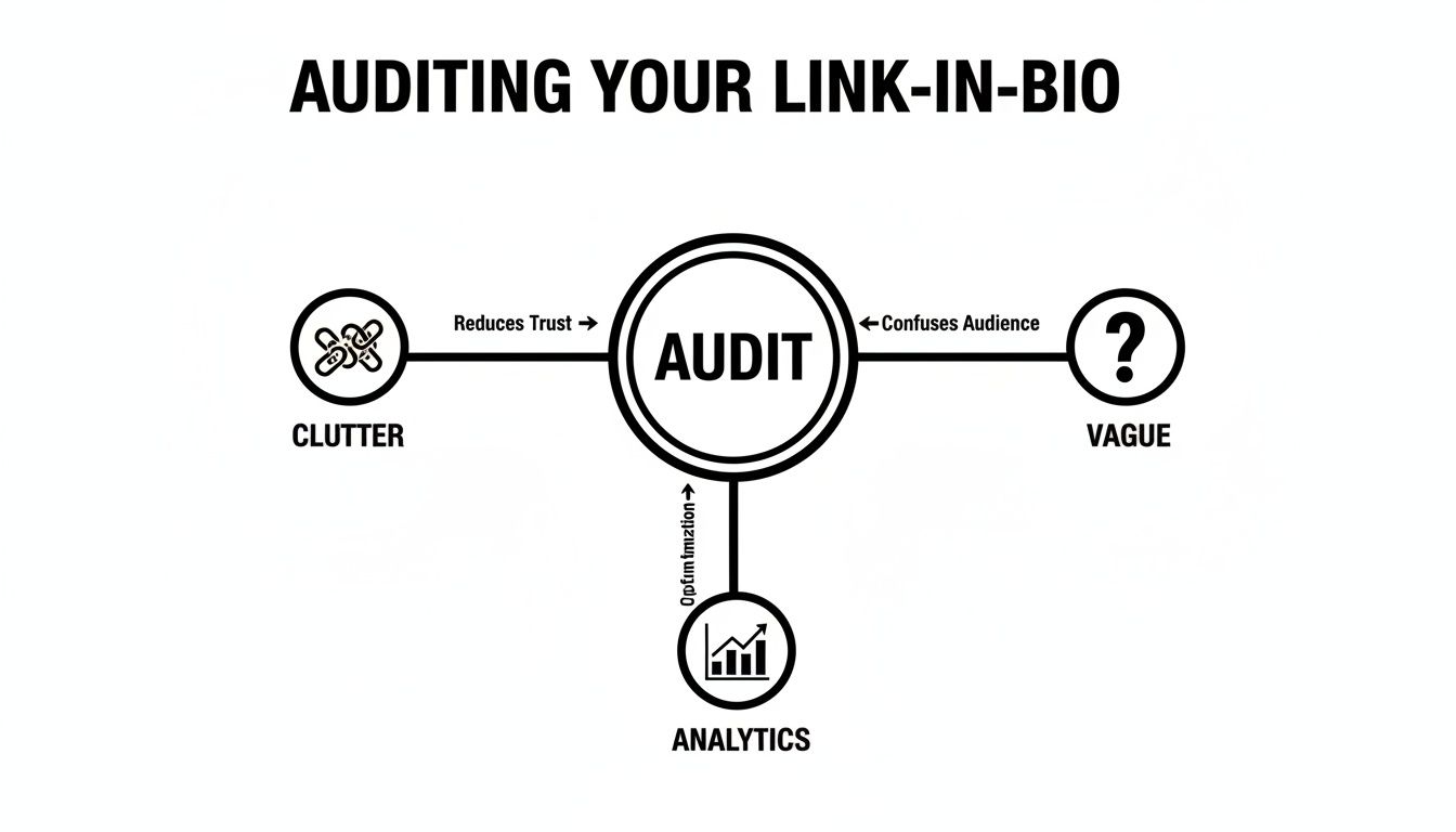Diagram explaining how to audit your link-in-bio, focusing on clutter, vagueness, and analytics for optimization.
