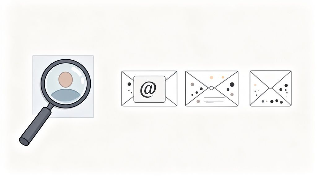 Une loupe examine un profil d'utilisateur, suivie de trois icônes d'e-mail, dont une avec un symbole '@'.