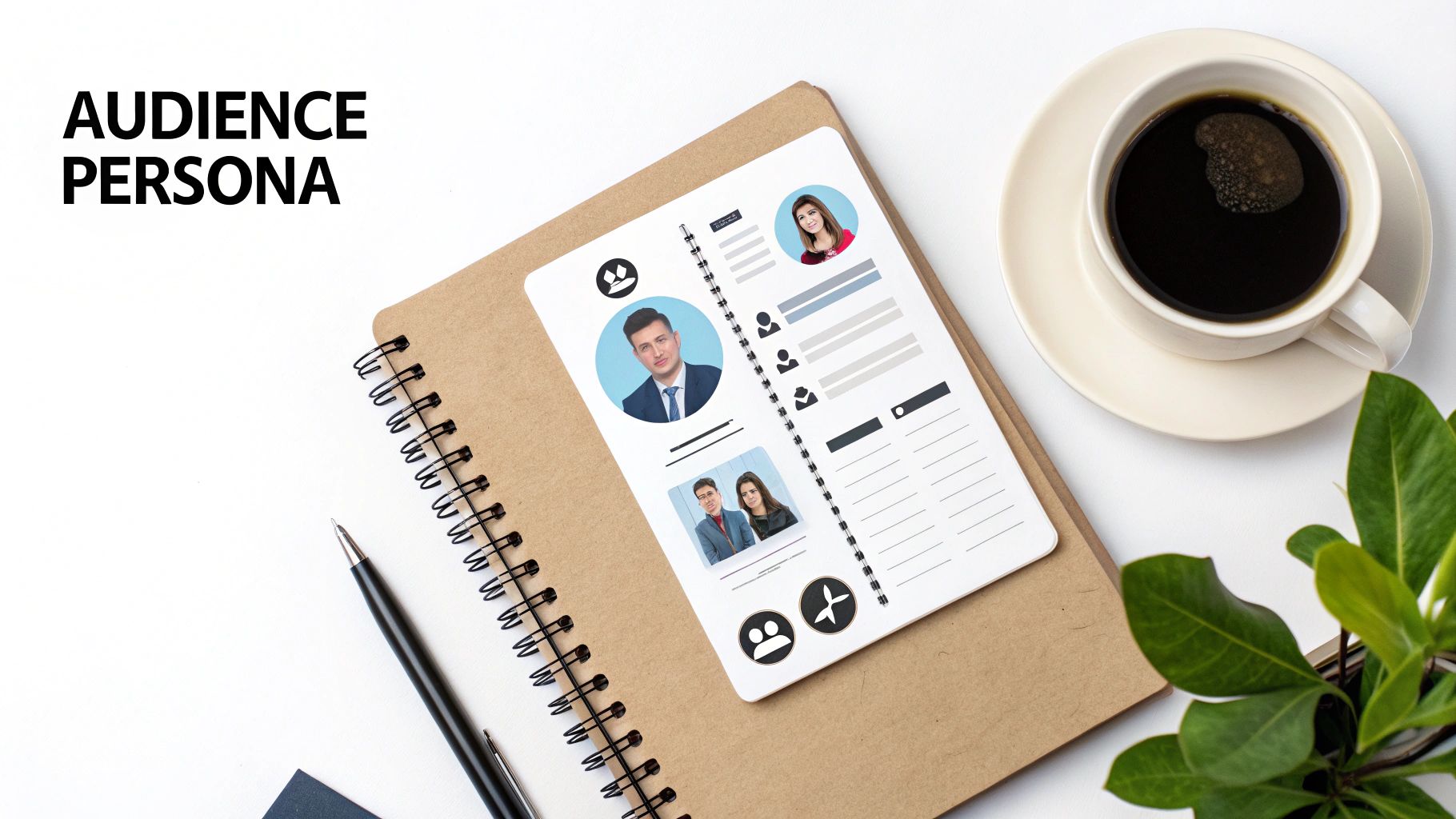 A desk with a notebook, pen, coffee, and a document displaying audience personas with profile pictures.