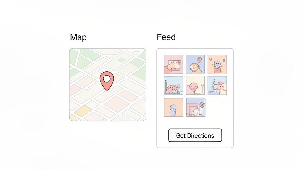 An illustration showing a map with a red location pin next to a social media feed with cartoon images and a 'Get Directions' button.