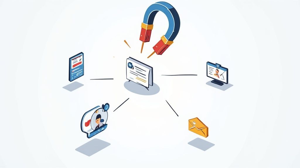 Illustration isométrique de génération de leads B2B : un aimant attire une fiche client entourée d'icônes de communication numérique.