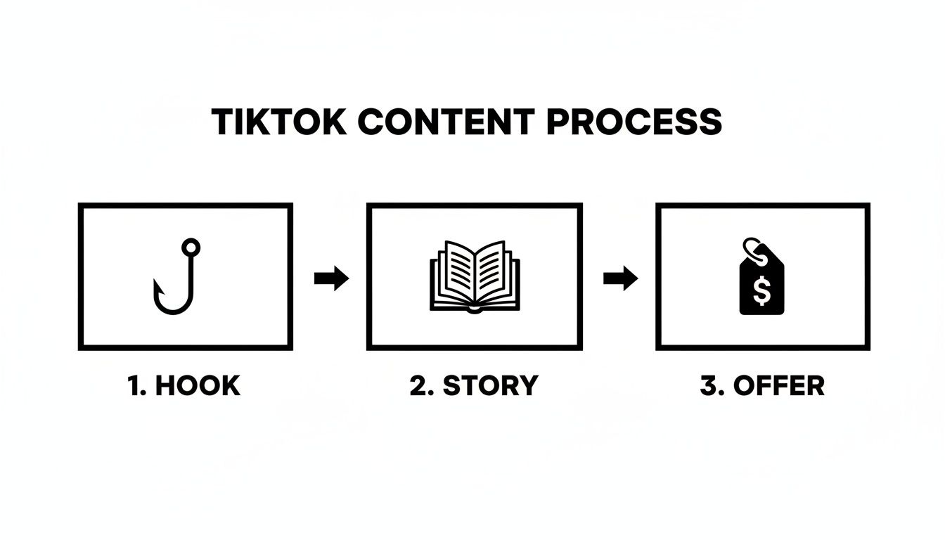A step-by-step diagram showing the TikTok content creation process: Hook, Story, and Offer.