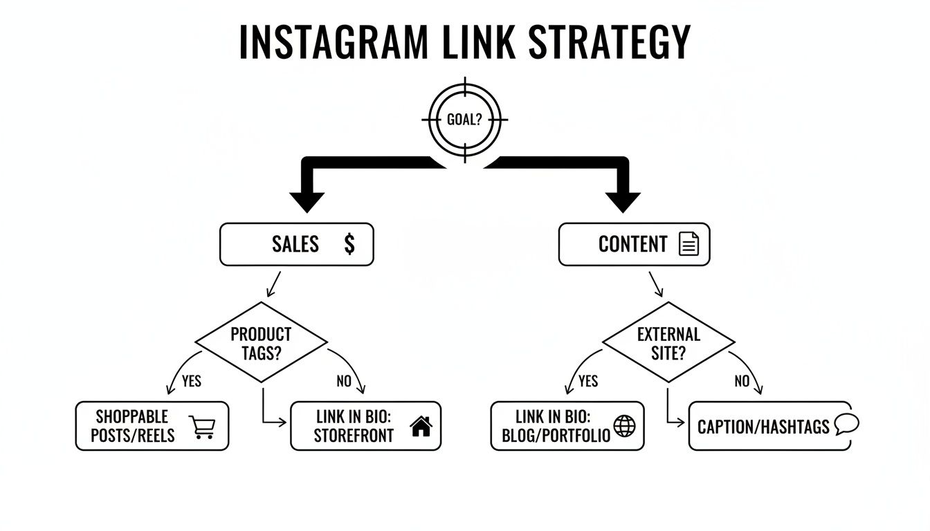 Flowchart outlining Instagram link strategy for sales or content, directing link placements and methods.