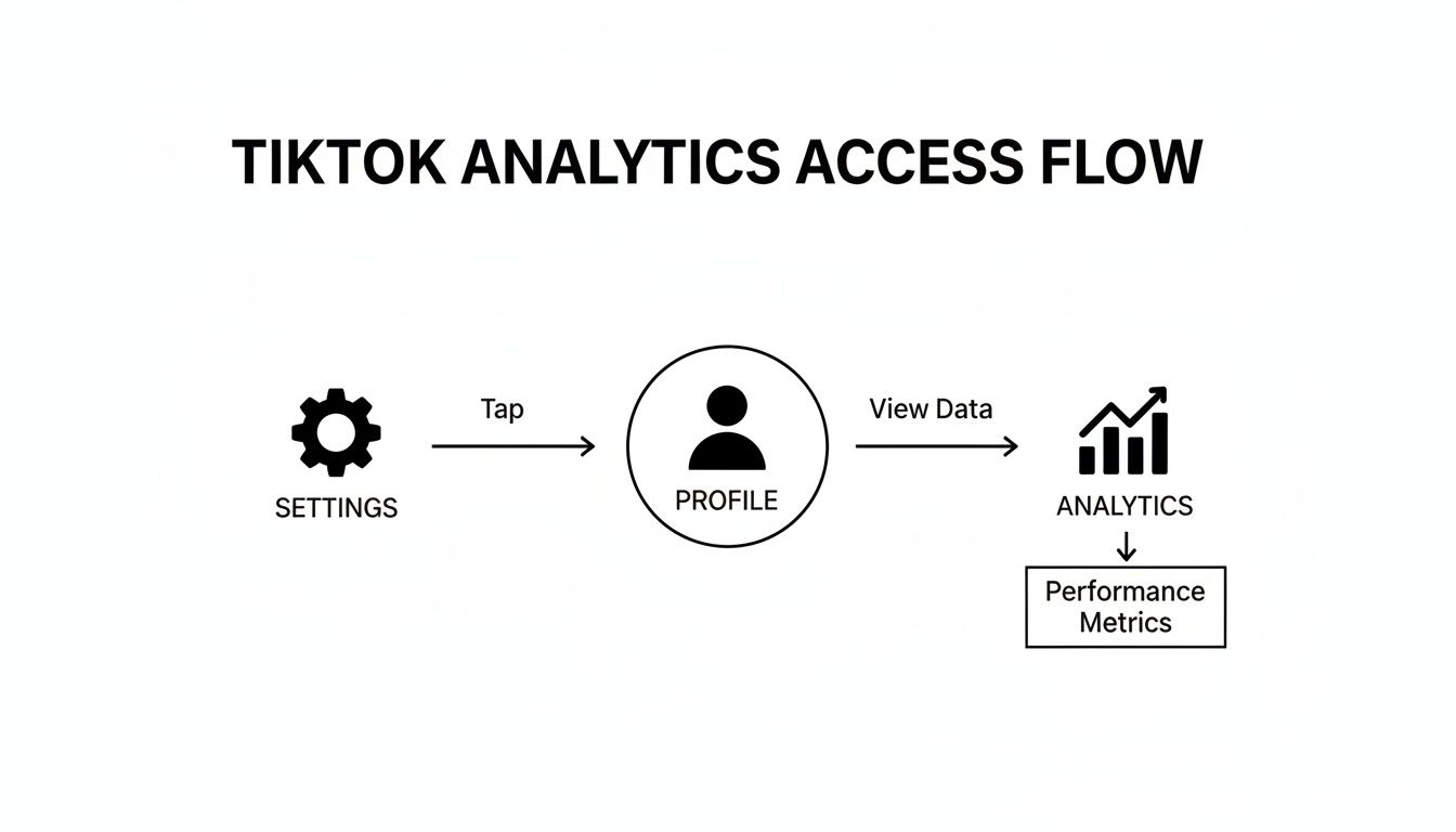 Flowchart illustrating TikTok analytics access, from settings to profile, then viewing performance metrics.