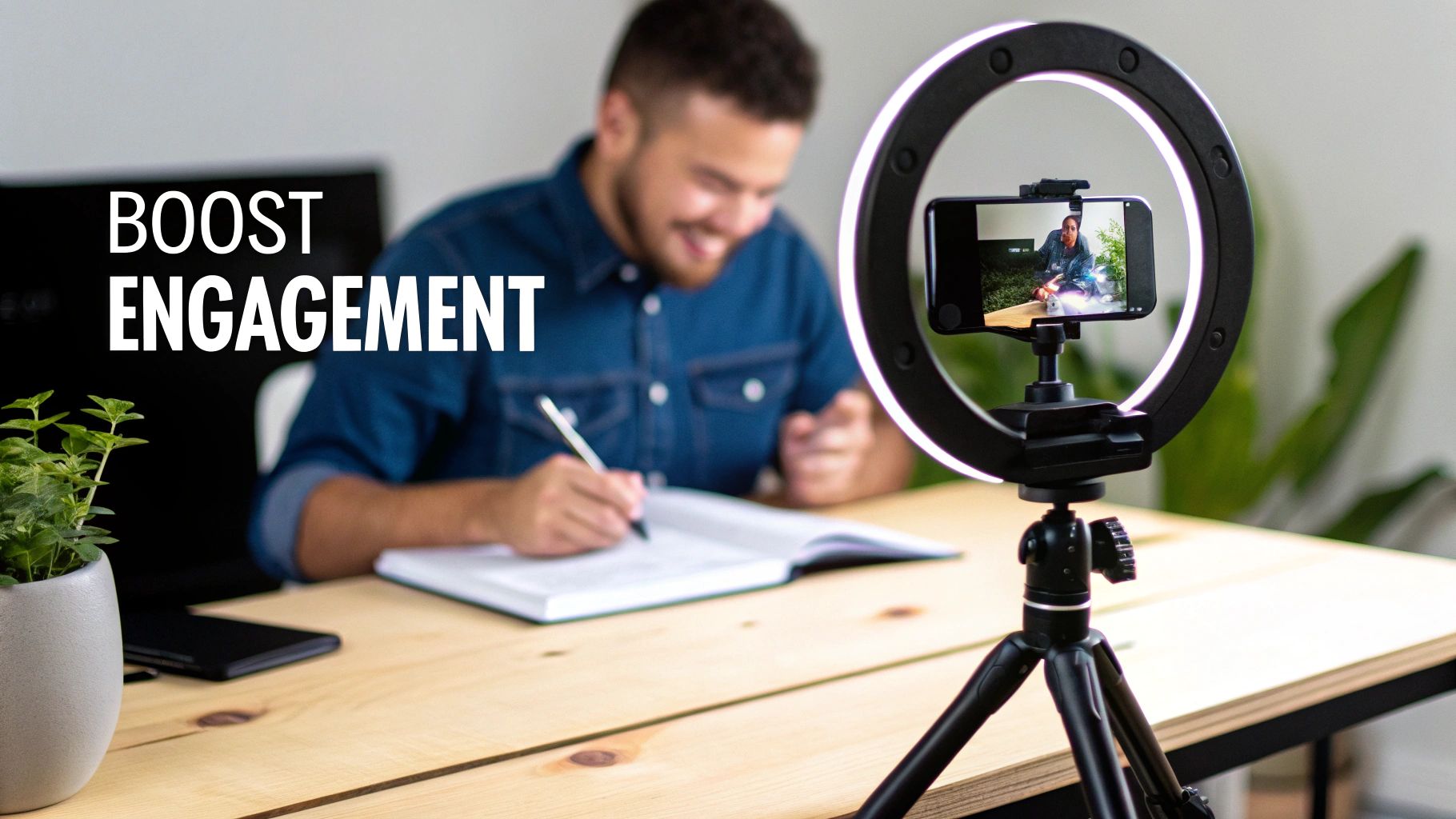 A smiling man records himself with a ring light and smartphone while writing notes, text reads 'BOOST ENGAGEMENT'.