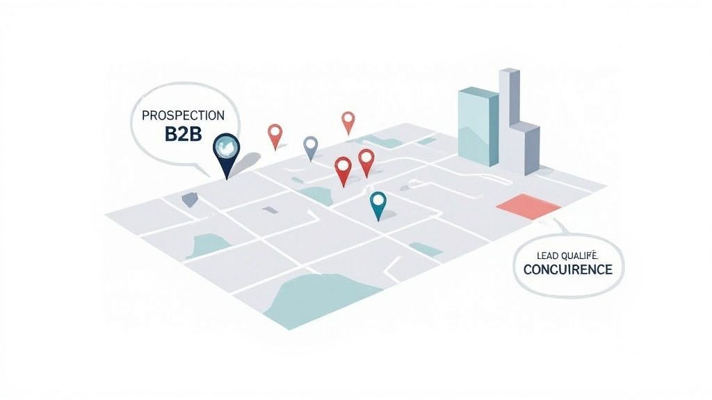 Une carte 3D illustrant la prospection B2B et les leads qualifiés de la concurrence avec des repères géographiques.