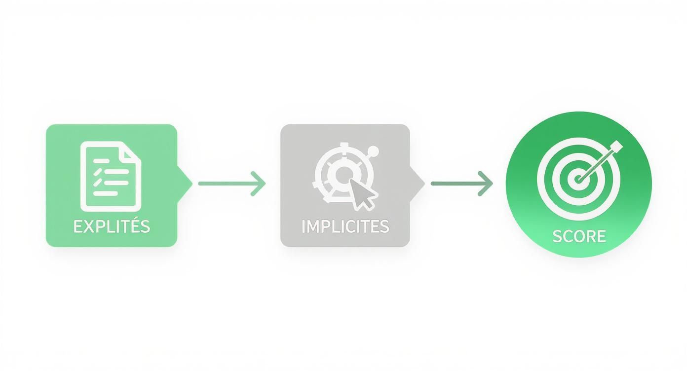 Diagramme de processus de scoring des leads combinant les données explicites et implicites pour générer un score.