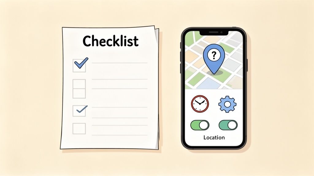 A paper checklist with two checked items and two unchecked items, next to a smartphone showing a map, a location pin, and location settings with toggles.