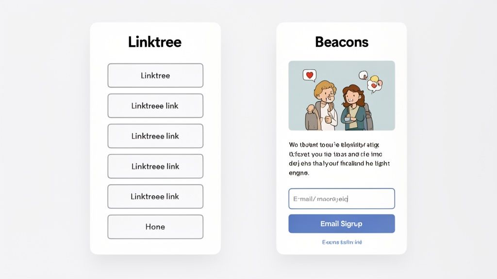 Side-by-side comparison of Linktree app interface with multiple link buttons and Beacons app with signup form.
