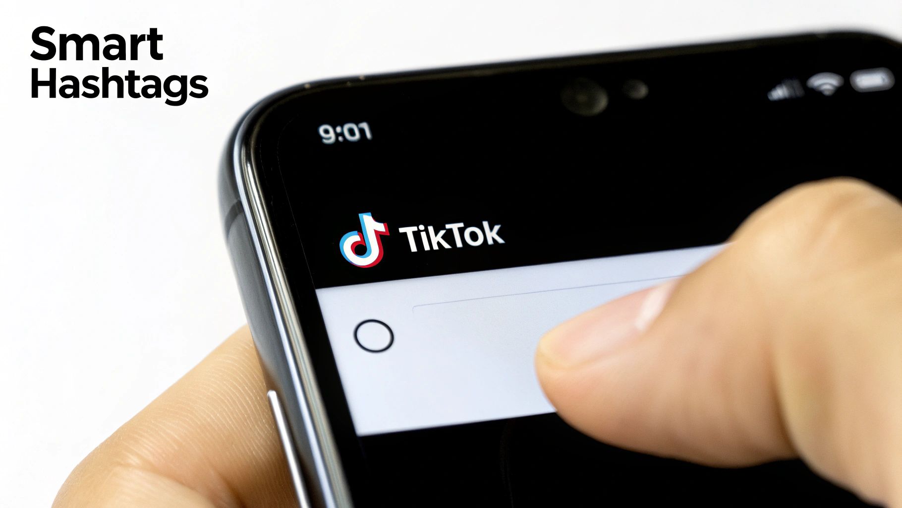 A person's finger taps a smartphone screen displaying the TikTok app, with "Smart Hashtags" branding.