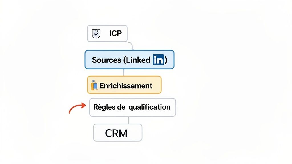 Diagramme de processus pour la génération de leads, de l'ICP aux sources LinkedIn, enrichissement, qualification et CRM.