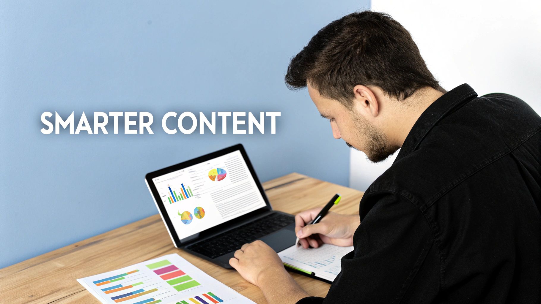 Young man analyzing data and charts on a laptop while writing notes, promoting 'SMARTER CONTENT'.