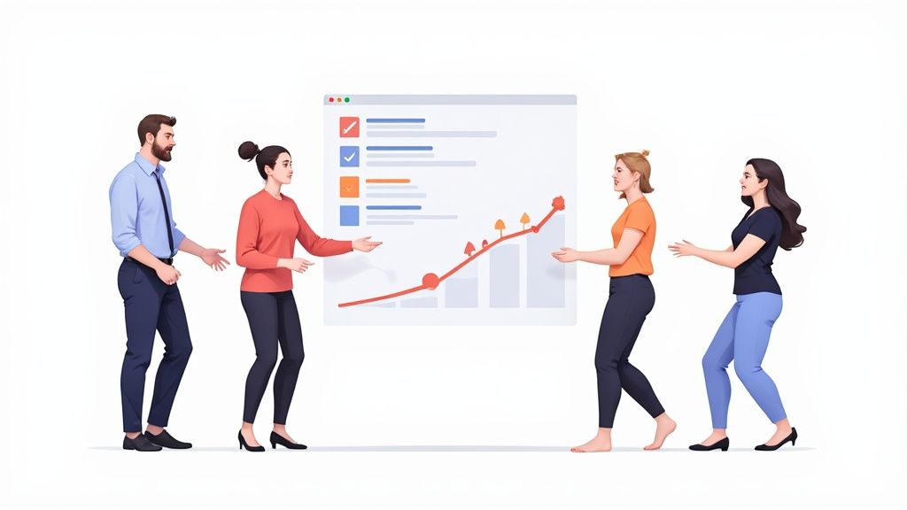 Quatre personnes autour d'un grand écran numérique montrant un graphique de croissance et une liste de tâches.