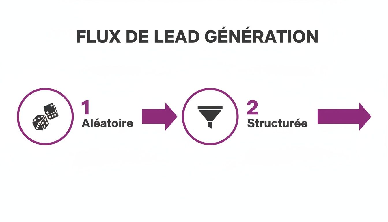 Diagramme du flux de génération de leads présentant deux étapes: aléatoire (dés) et structurée (entonnoir).