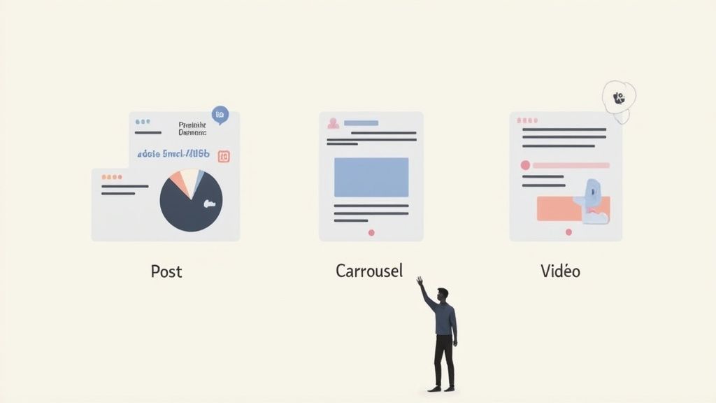 Illustrations de différents formats de contenu social (publication, carrousel, vidéo) avec une personne interagissant.