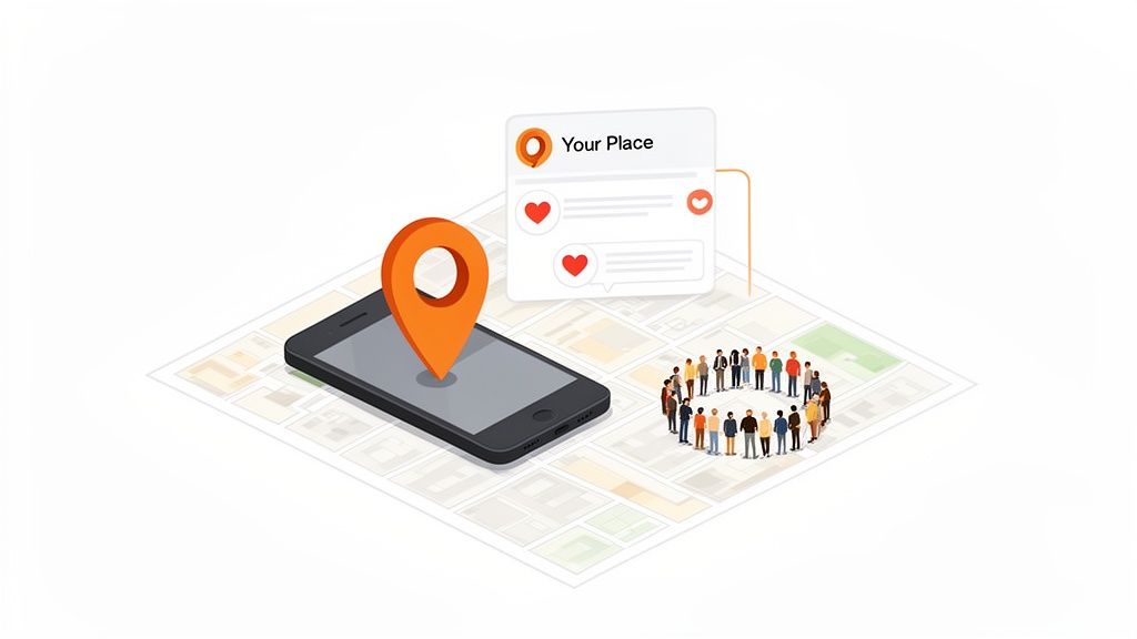 Isometric illustration of a smartphone, map, location pin, social notifications, and a community of people.