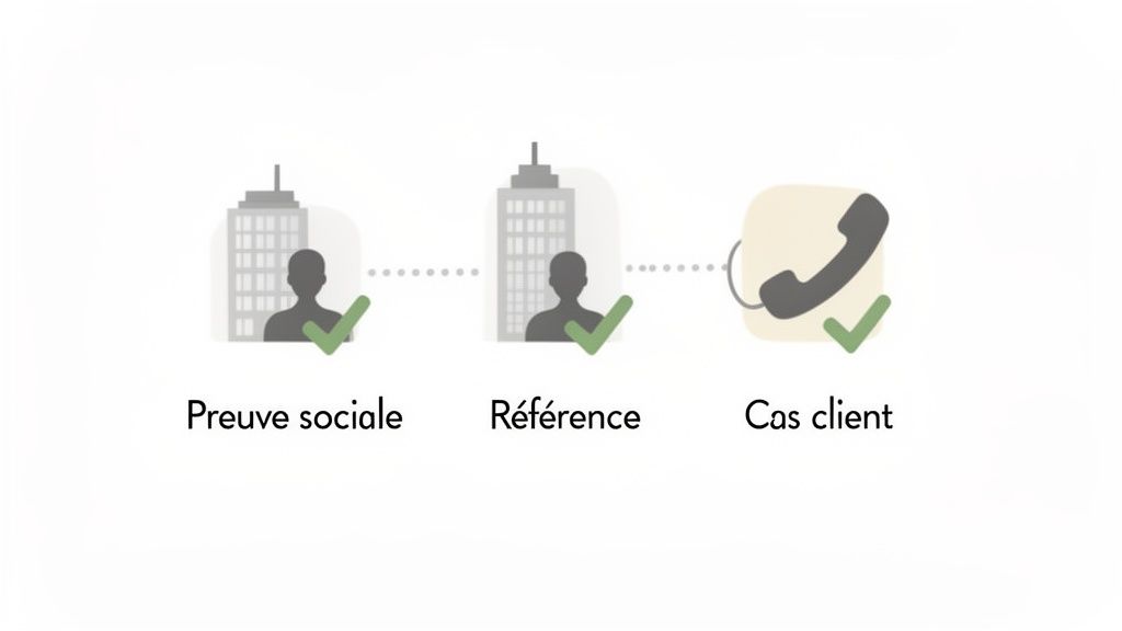 Illustration montrant trois étapes de validation client : preuve sociale, référence et cas client, chacune avec une coche de validation.