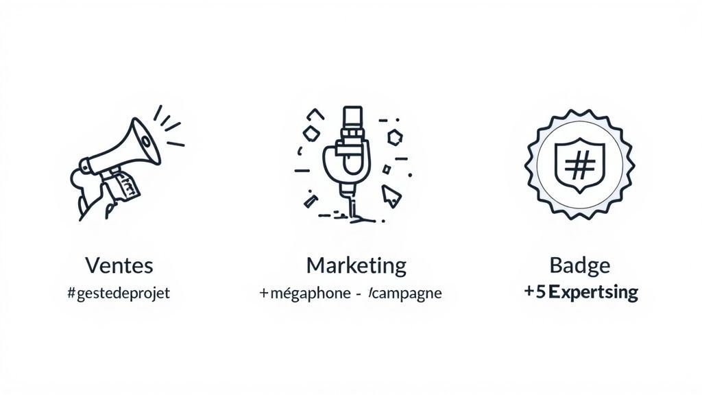 Trois piliers LinkedIn : ventes avec mégaphone, marketing avec microphone, badge expertise pour optimiser votre stratégie hashtags