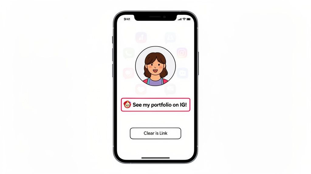Smartphone screen displaying a personal profile with a cartoon avatar and an Instagram portfolio link.