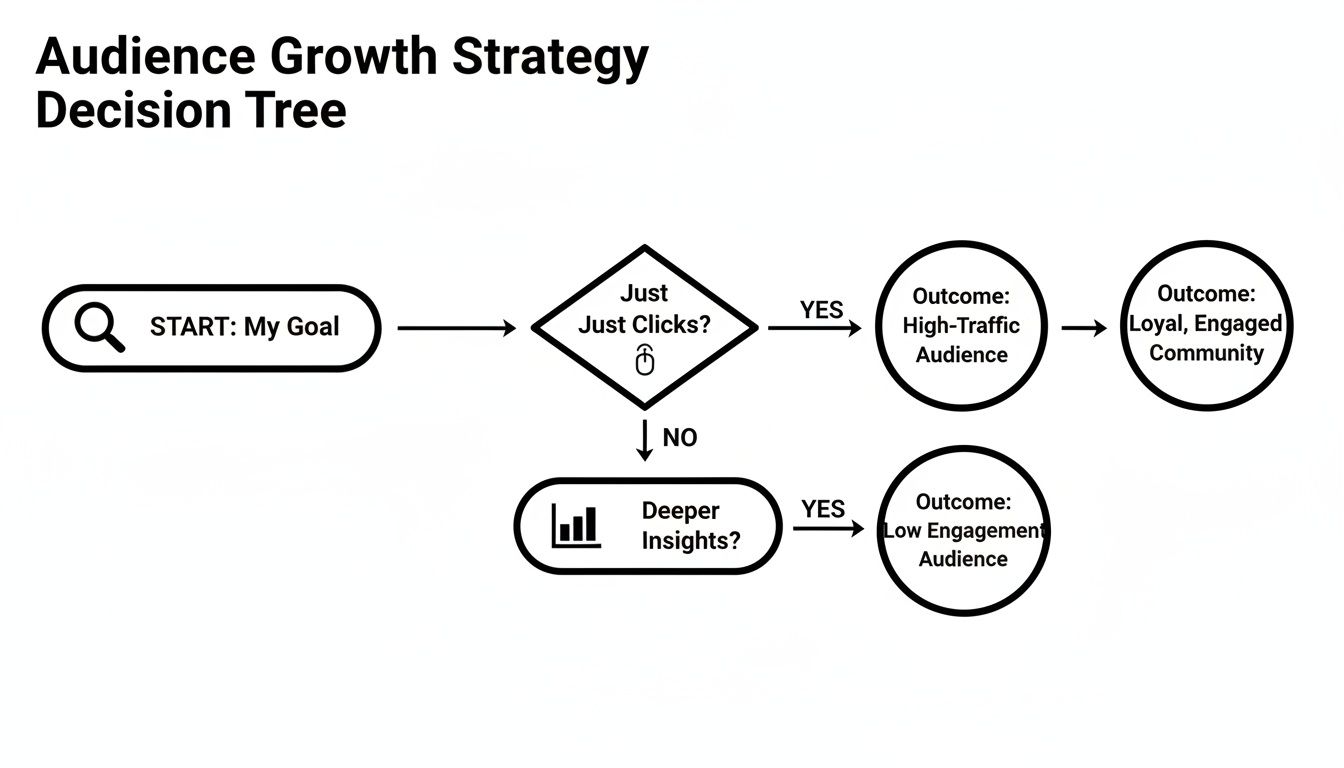 A flowchart showing an audience growth strategy decision tree, guiding from goals to different audience outcomes.
