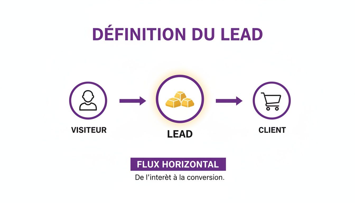 Schéma définissant un lead : le parcours client du visiteur au lead puis au client, illustrant le flux de conversion.