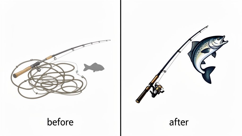 Before and after images of fishing gear, from tangled line to a successful catch.