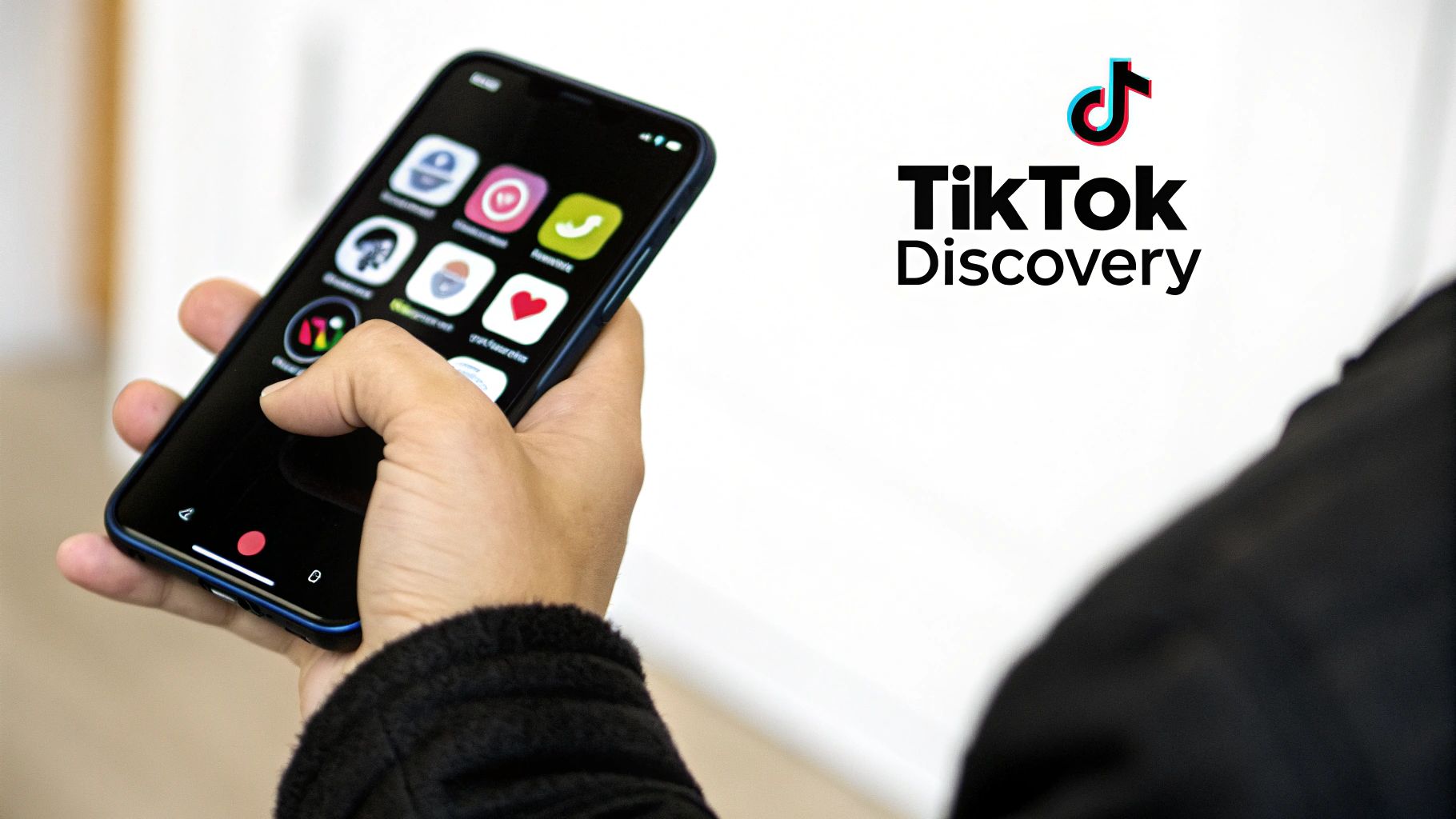 A person holds a smartphone displaying app icons, next to the TikTok Discovery logo.