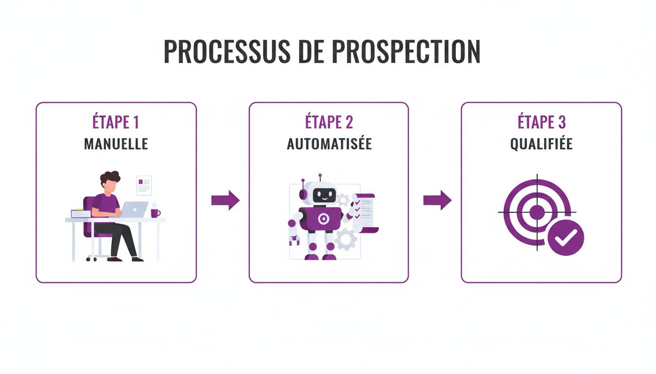 Illustration du processus de prospection en 3 étapes : manuel, automatisé et qualifié, avec des icônes.