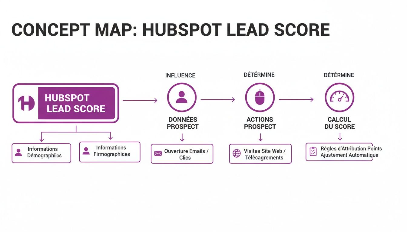 Carte conceptuelle du HubSpot Lead Score détaillant les informations, actions et calcul du score prospect.