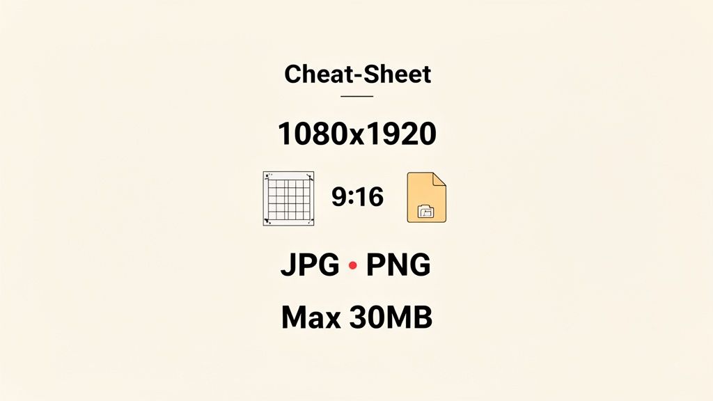 Instagram Story cheat sheet showing required dimensions 1080x1920, 9:16 aspect ratio, JPG/PNG file types, and 30MB max size.