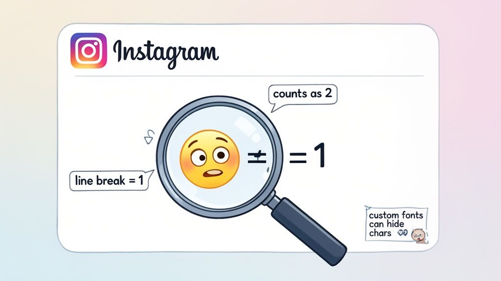 An illustration explaining how Instagram counts characters, showing an emoji, a plus/minus symbol, and line breaks.