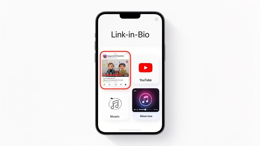 A smartphone displays a 'Link-in-Bio' page with widgets for Instagram, YouTube, and music apps.