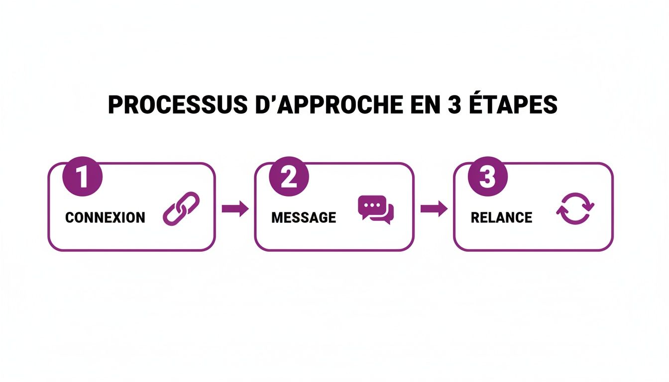 Infographie décrivant un processus d'approche en 3 étapes : connexion, message et relance.